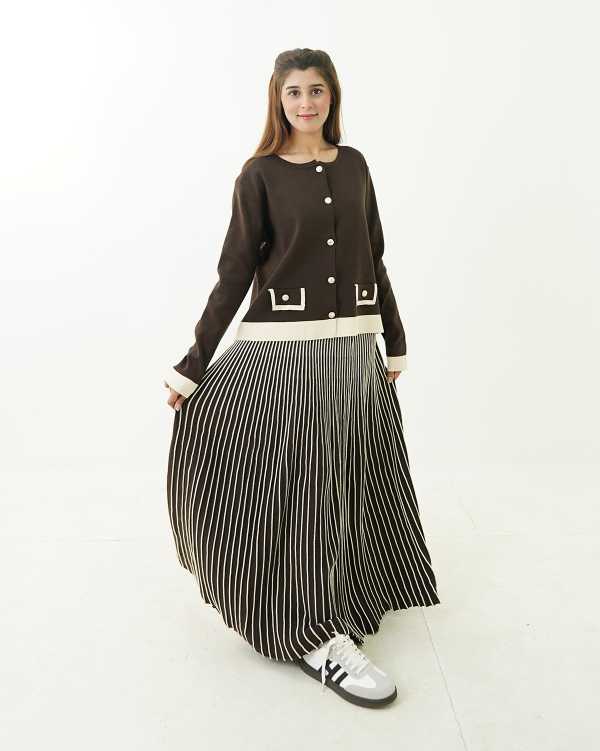Coffee Cream Pocket Shirt with Flow Maxi Skirt
