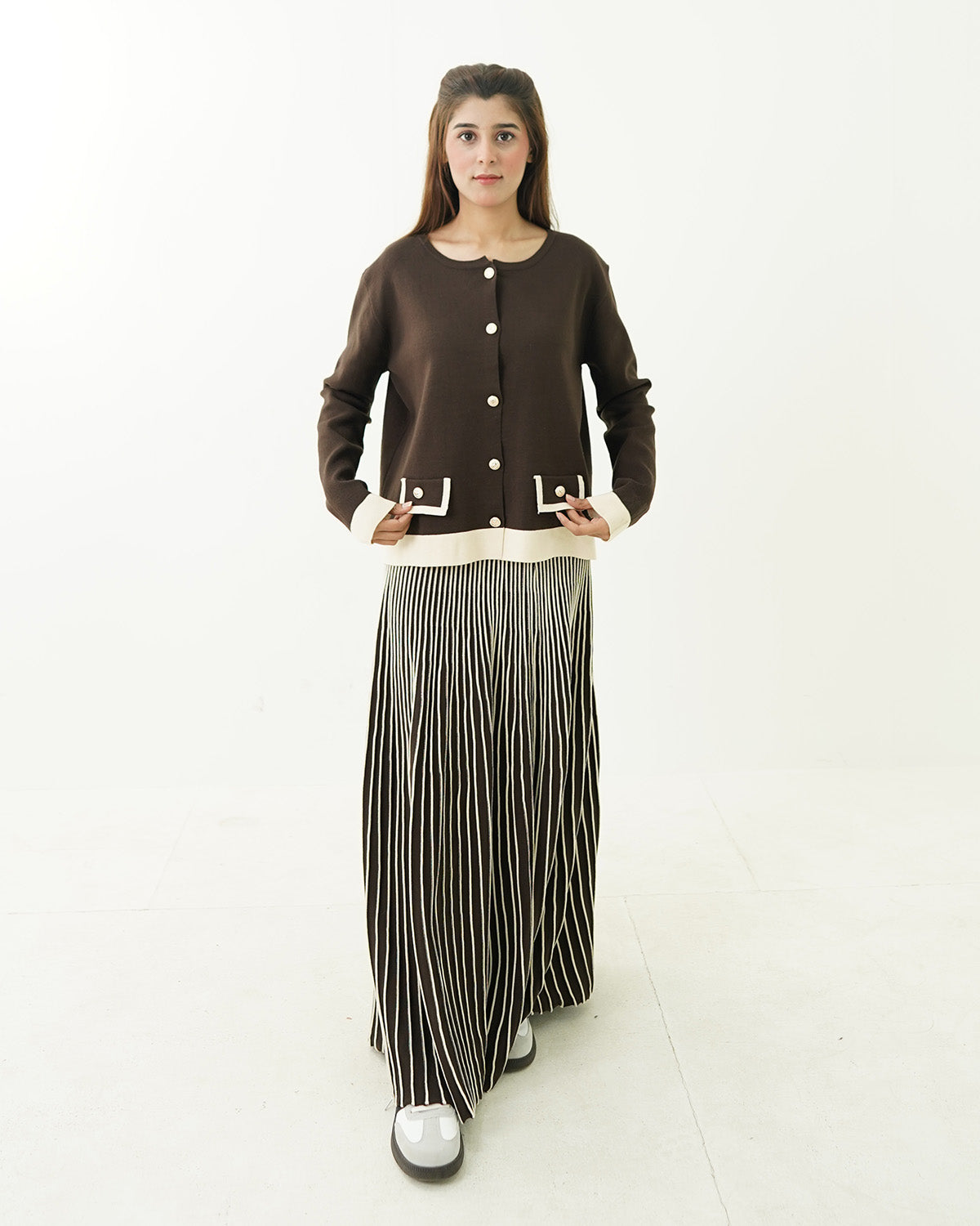 Coffee Cream Pocket Shirt with Flow Maxi Skirt