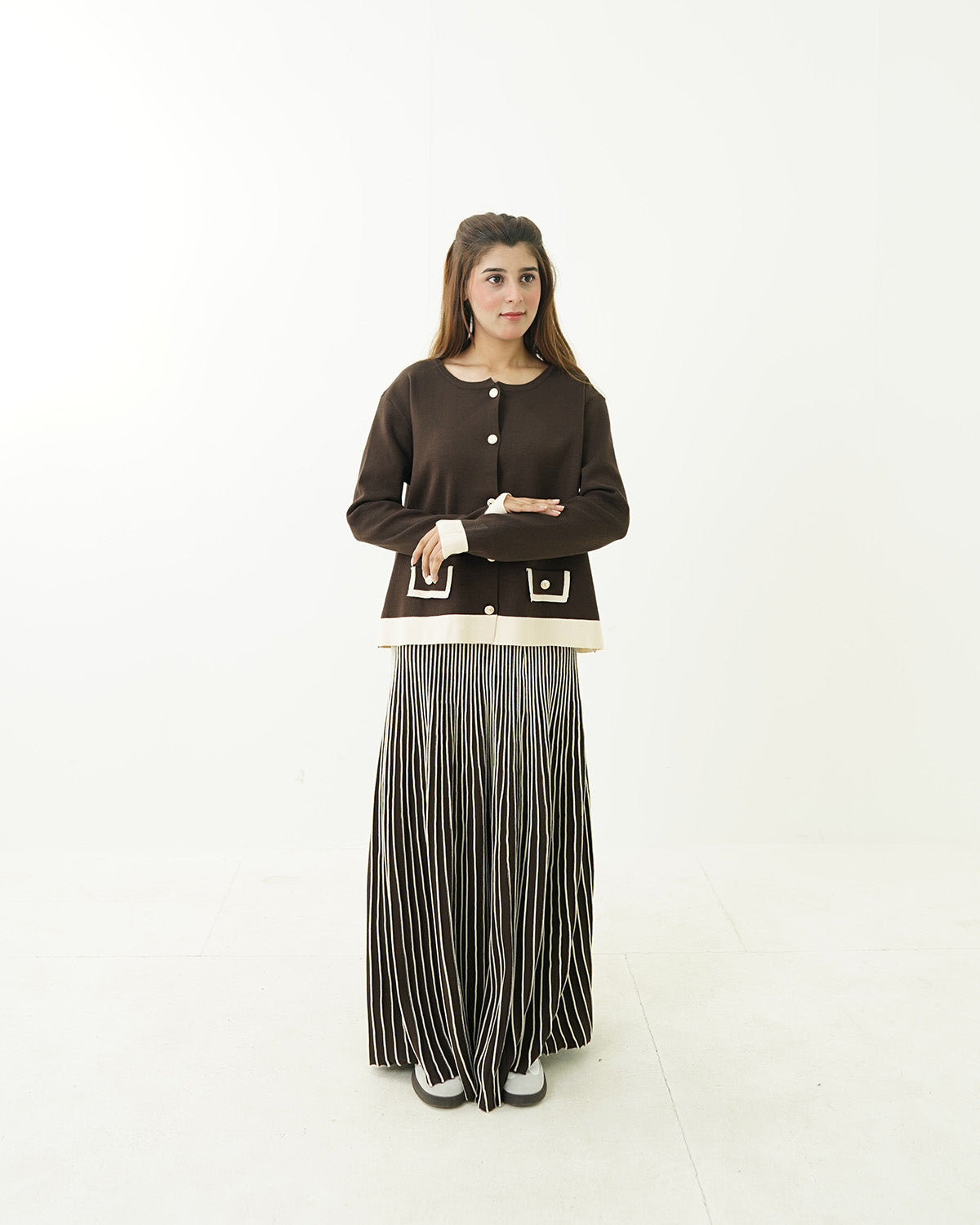 Coffee Cream Pocket Shirt with Flow Maxi Skirt