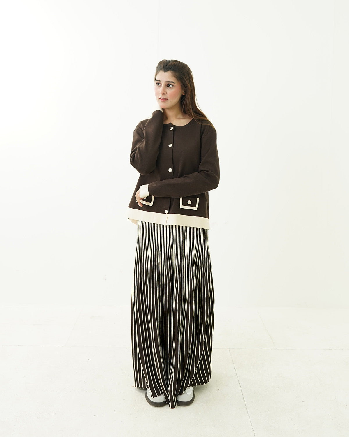 Coffee Cream Pocket Shirt with Flow Maxi Skirt