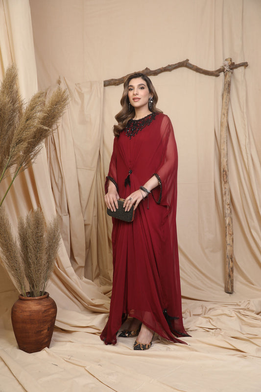 Elegant Maroon Kaftan Dress with Black Embellishments