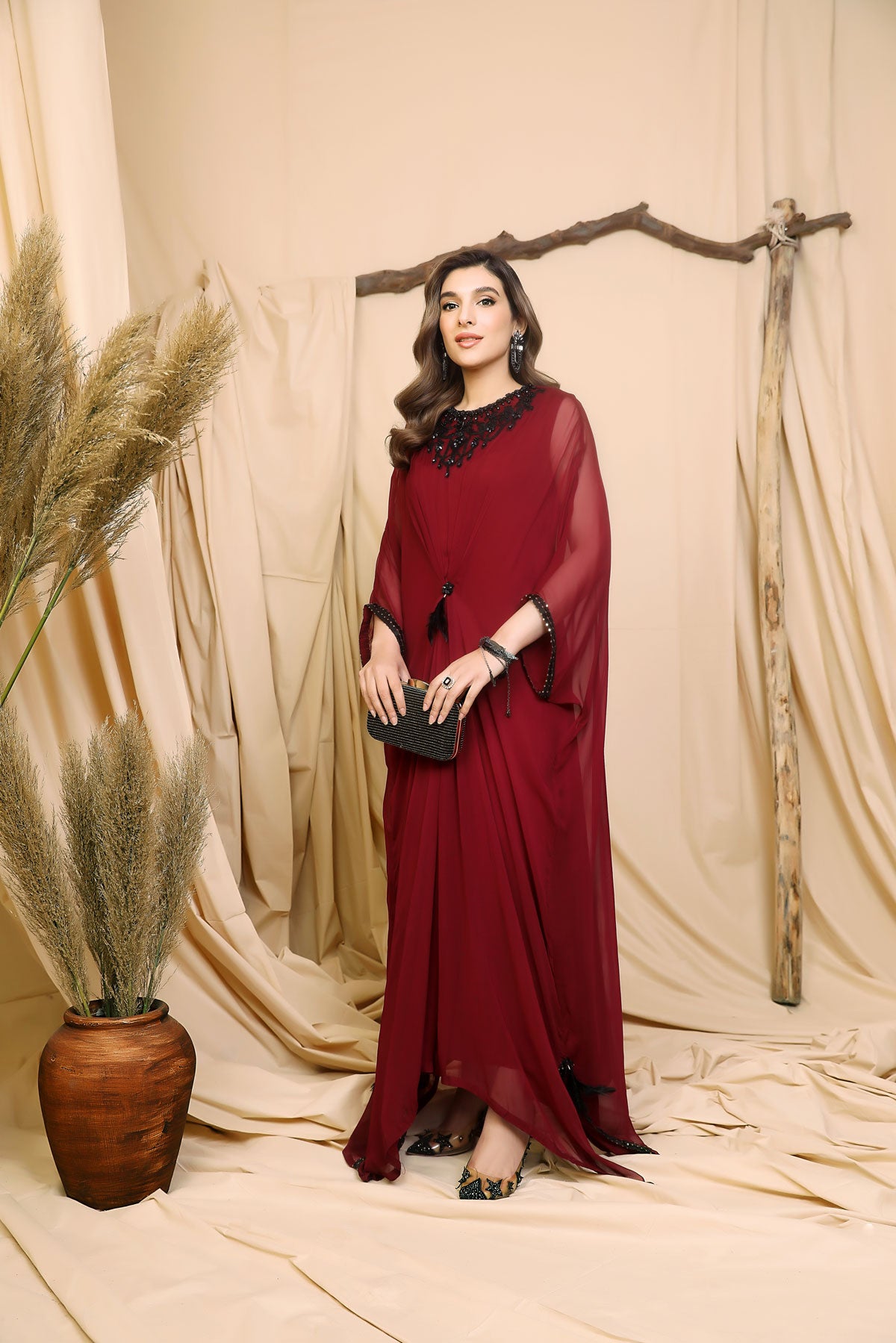 Elegant Maroon Kaftan Dress with Black Embellishments