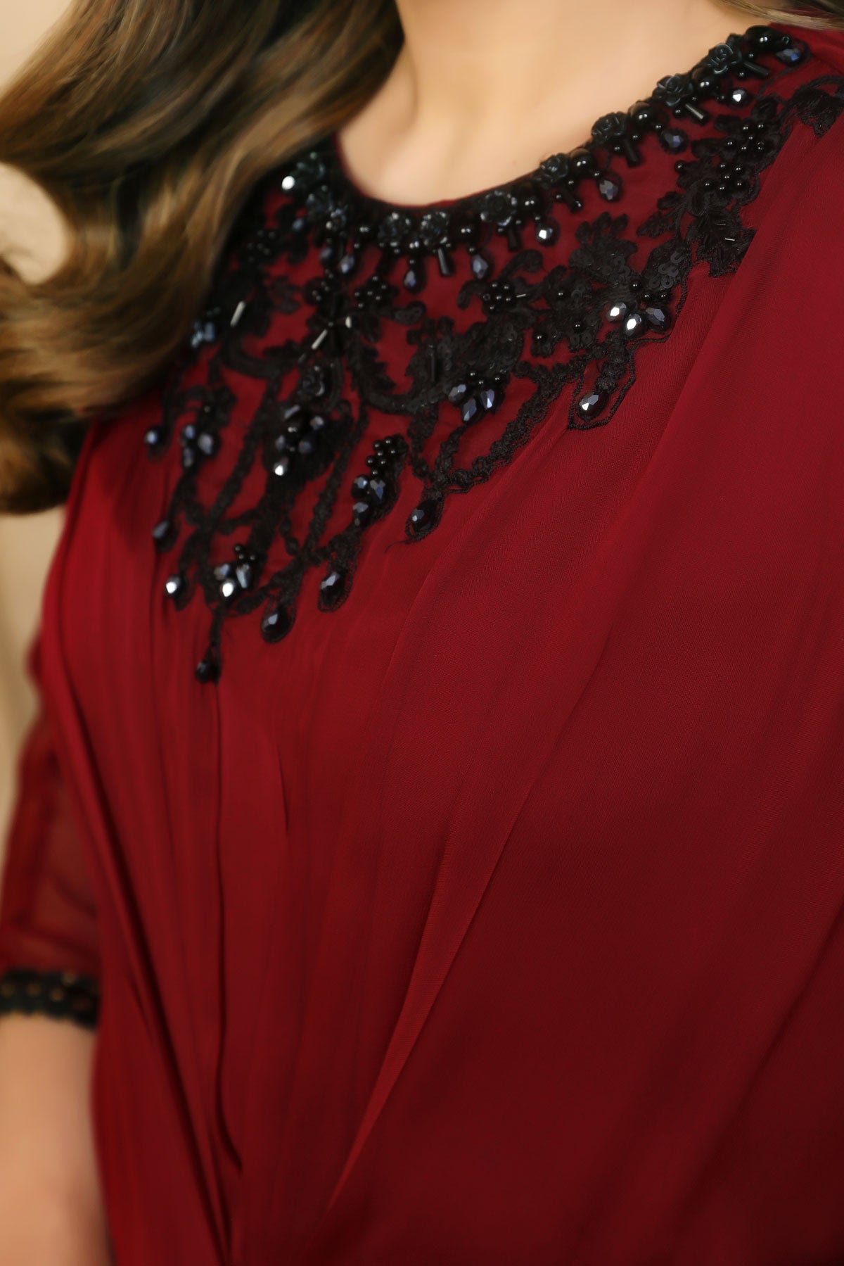 Elegant Maroon Kaftan Dress with Black Embellishments