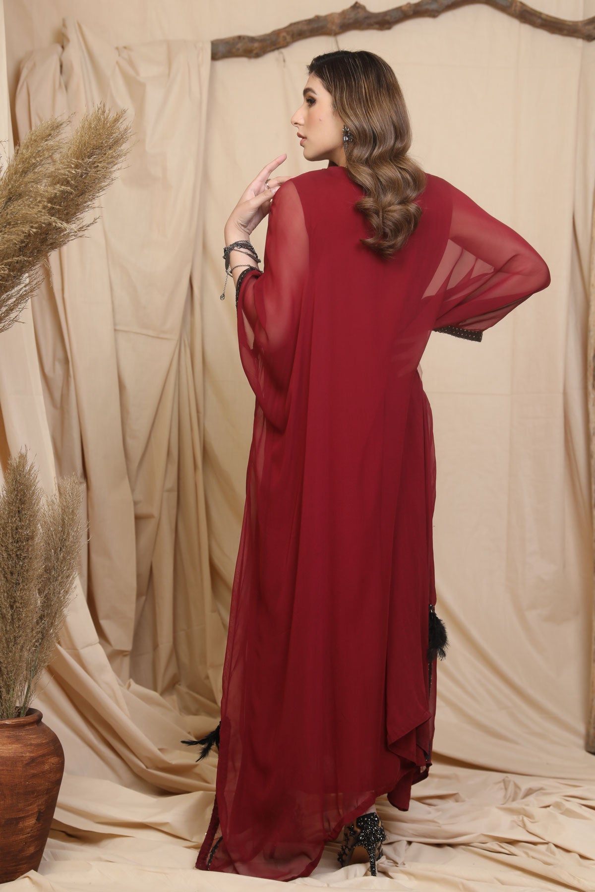 Elegant Maroon Kaftan Dress with Black Embellishments