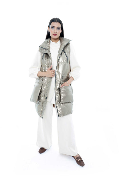 Shiny Gold Puffer Vest with White Tunic Set