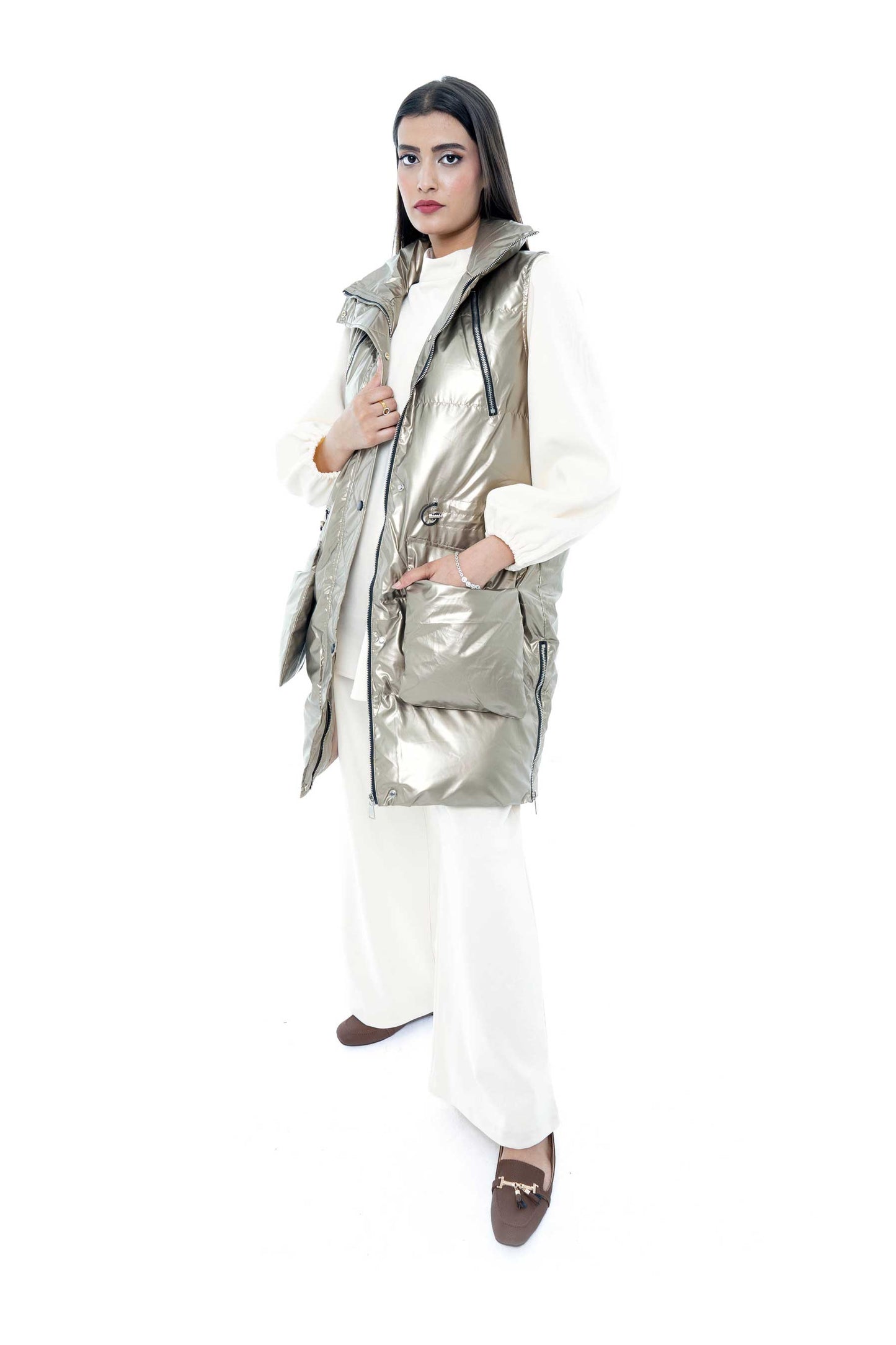 Shiny Gold Puffer Vest with White Tunic Set