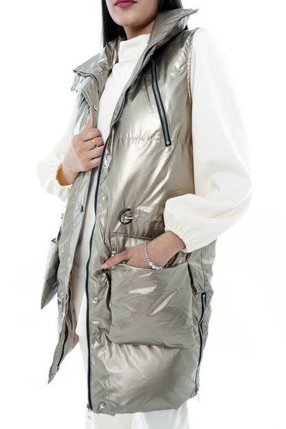 Shiny Gold Puffer Vest with White Tunic Set