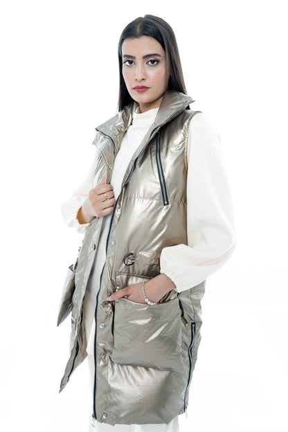 Shiny Gold Puffer Vest with White Tunic Set