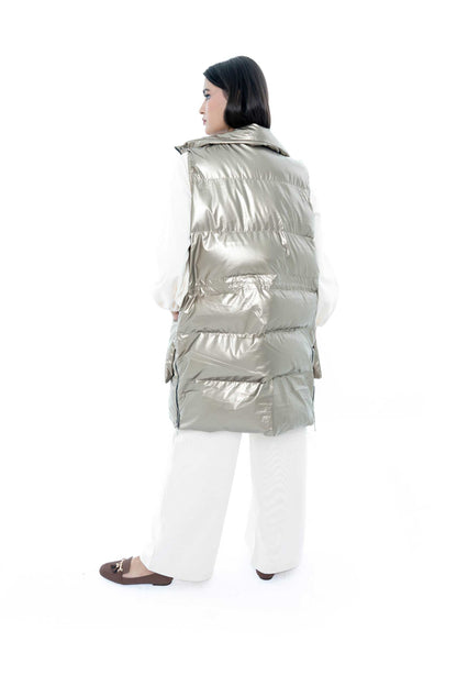 Shiny Gold Puffer Vest with White Tunic Set