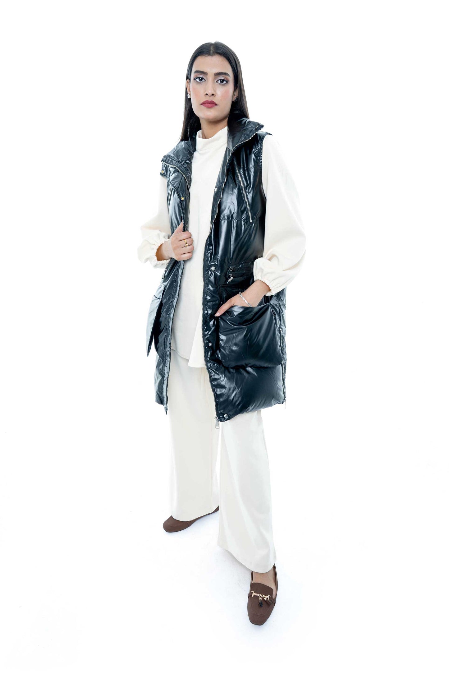 Black Puffer Vest with White Tunic Set