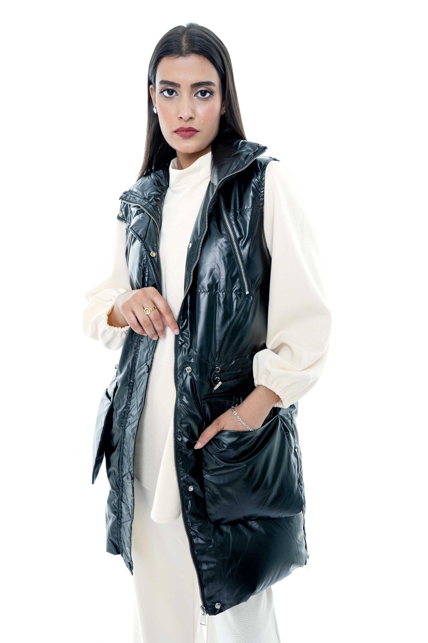 Black Puffer Vest with White Tunic Set