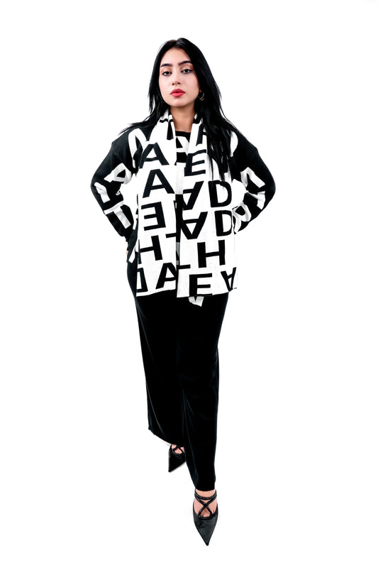 Women's Black Graphic Sweatshirt, Pant, and Stylish Muffler Set