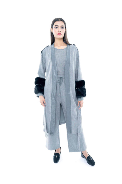 Grey Belted Coat with Fur-Trimmed Sleeves