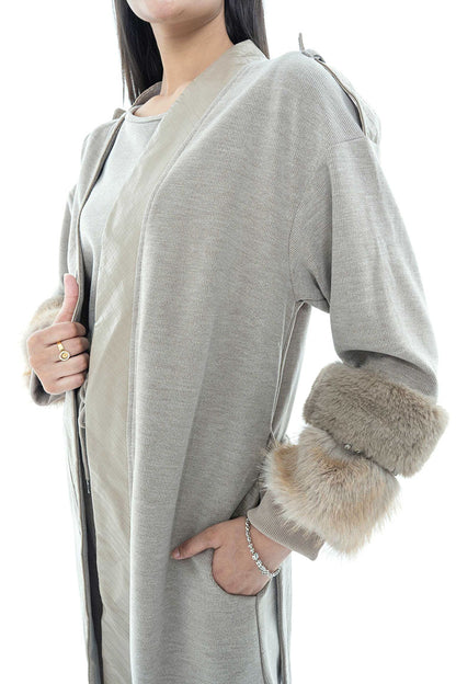 Beige Belted Coat with Fur-Trimmed Sleeves