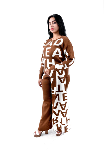 Women's Brown Graphic Sweatshirt, Pant, and Stylish Muffler Set