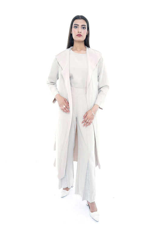 Ivory Belted Coat with Wide-Leg Pants