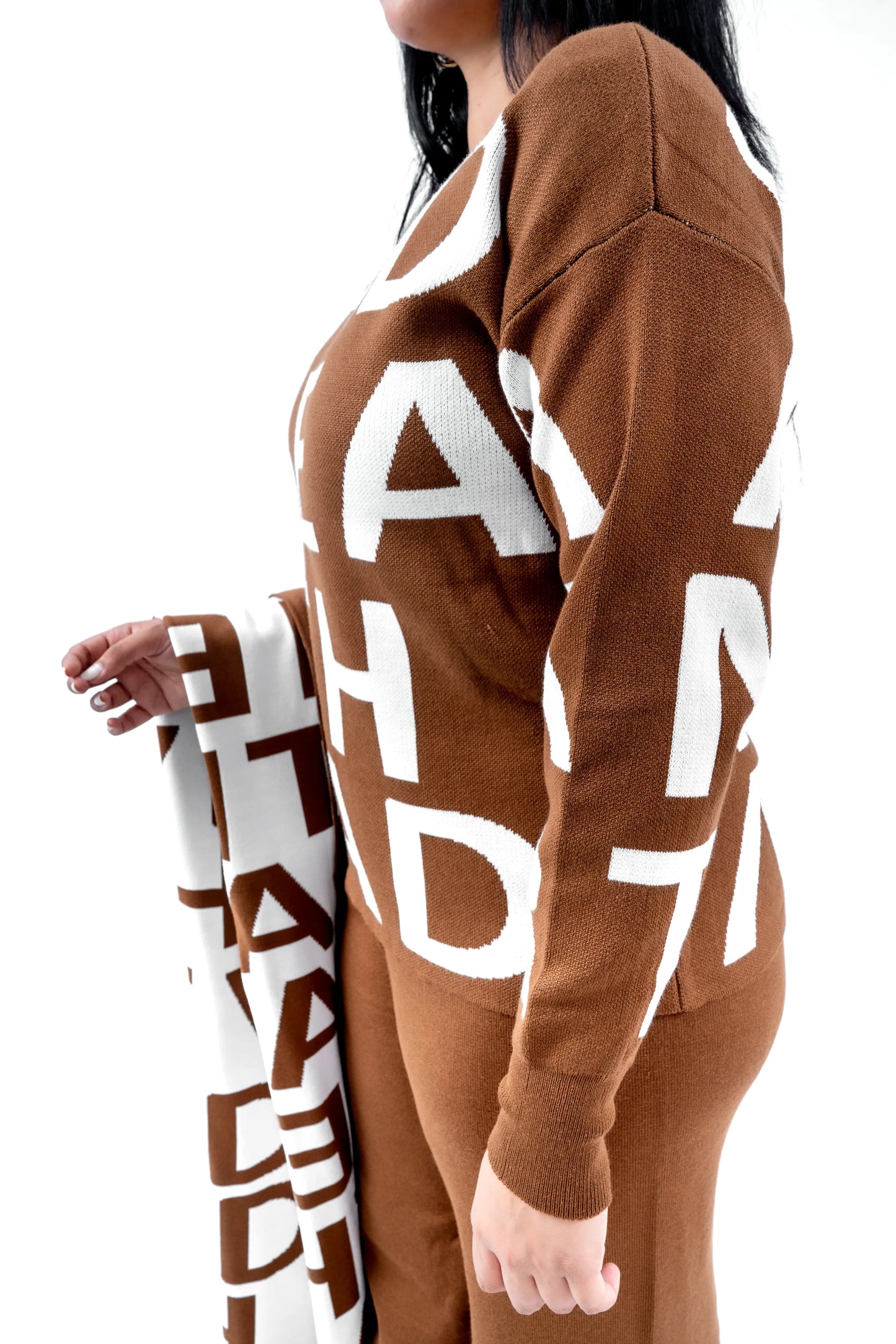 Women's Brown Graphic Sweatshirt, Pant, and Stylish Muffler Set