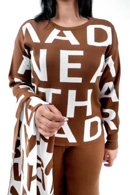 Women's Brown Graphic Sweatshirt, Pant, and Stylish Muffler Set