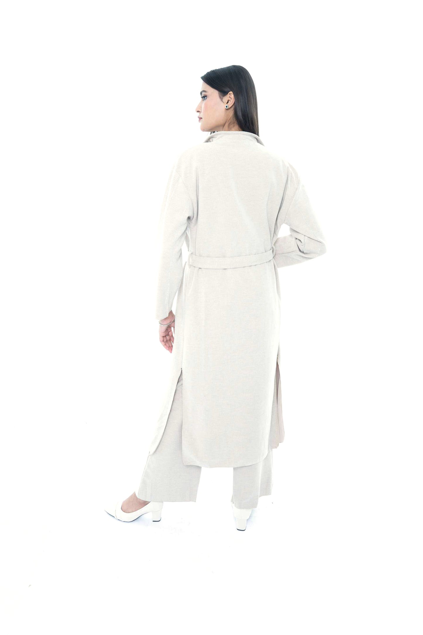 Ivory Belted Coat with Wide-Leg Pants