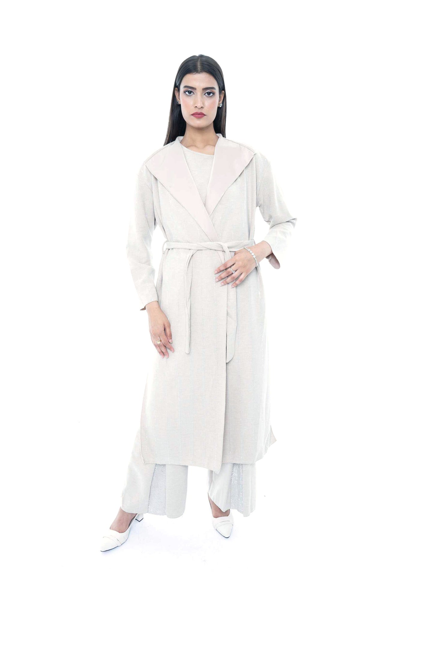 Ivory Belted Coat with Wide-Leg Pants