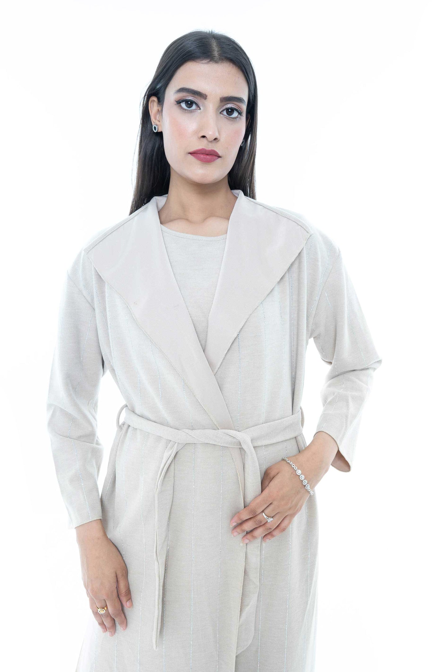 Ivory Belted Coat with Wide-Leg Pants