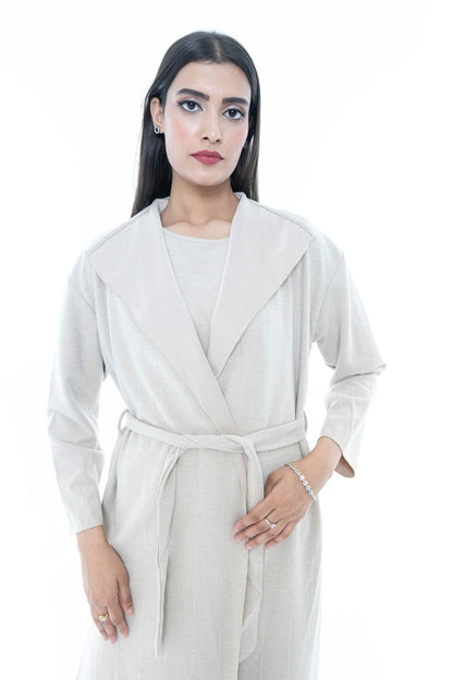 Ivory Belted Coat with Wide-Leg Pants