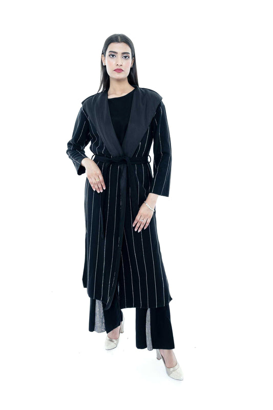 Black Pinstripe Long Coat with Wide-Leg Pants