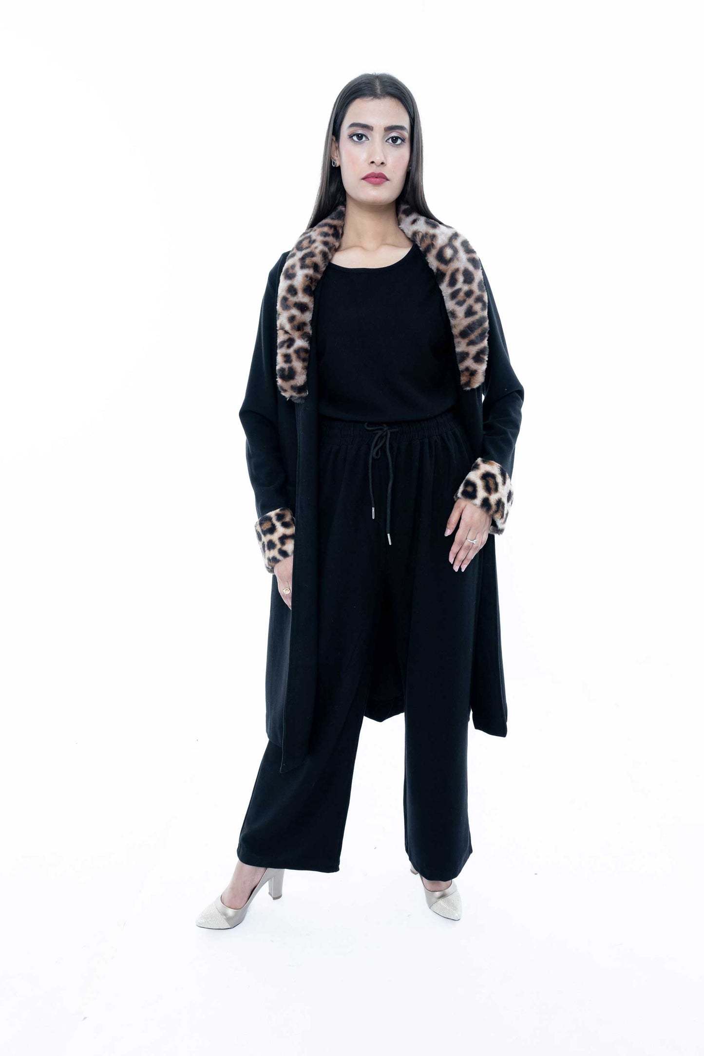 Black Coat with Leopard Print Collar and Cuffs