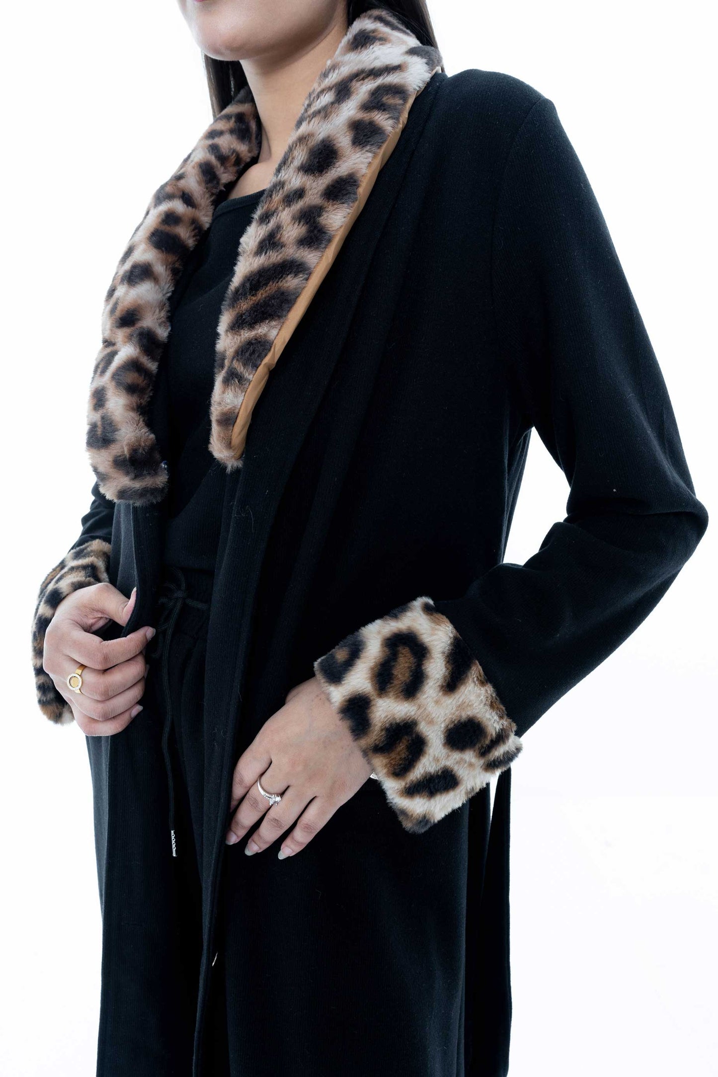 Black Coat with Leopard Print Collar and Cuffs