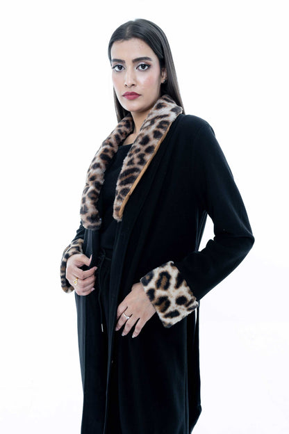 Black Coat with Leopard Print Collar and Cuffs