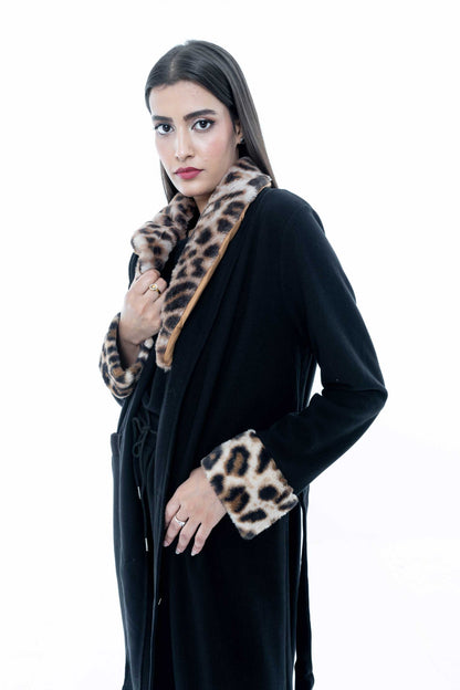 Black Coat with Leopard Print Collar and Cuffs