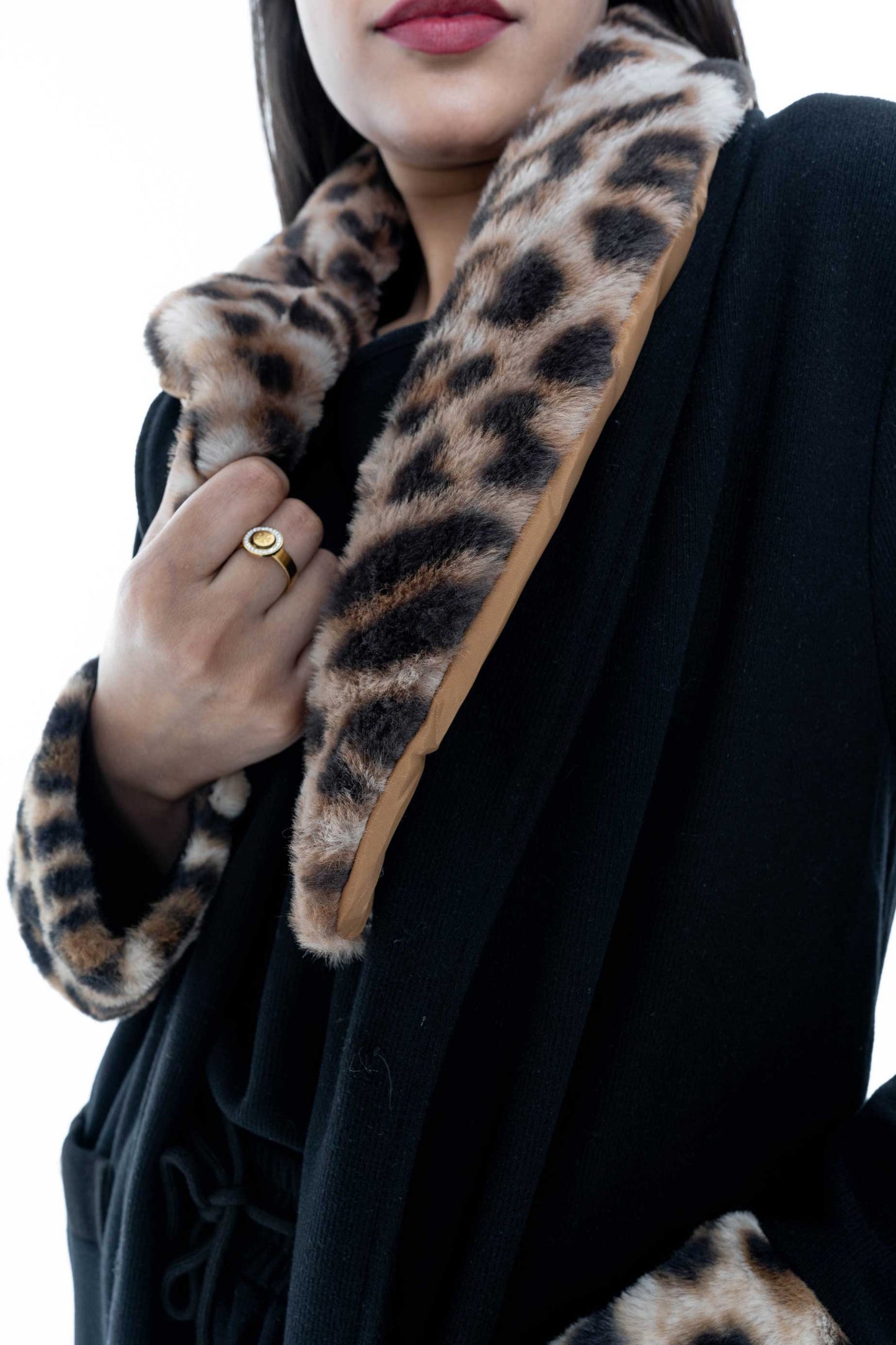 Black Coat with Leopard Print Collar and Cuffs