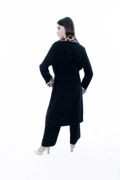 Black Coat with Leopard Print Collar and Cuffs