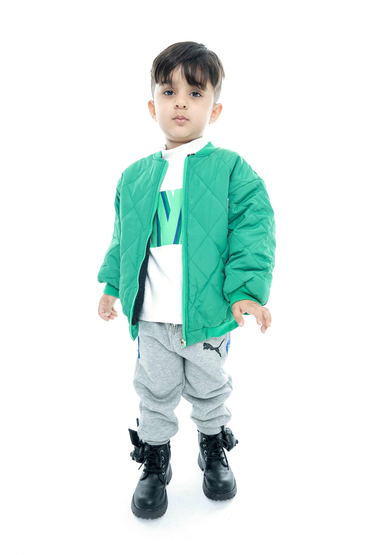 Kids' Green Quilted Jacket with Grey Joggers