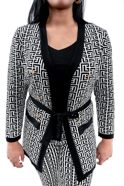 Women's Black and White Geometric Print Cardigan