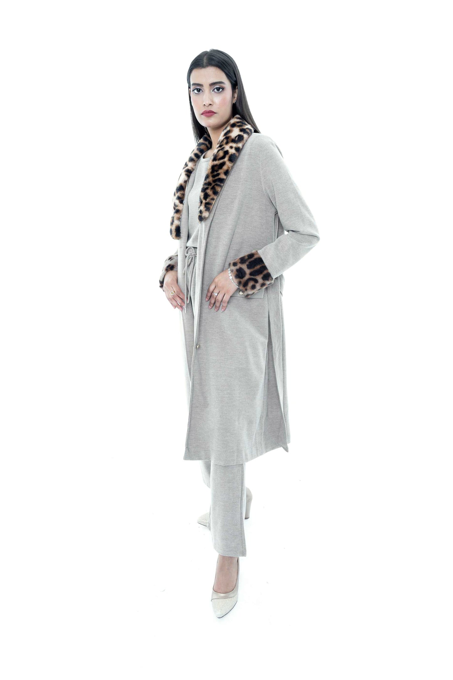 Beige Belted Coat with Leopard Print Collar and Cuffs