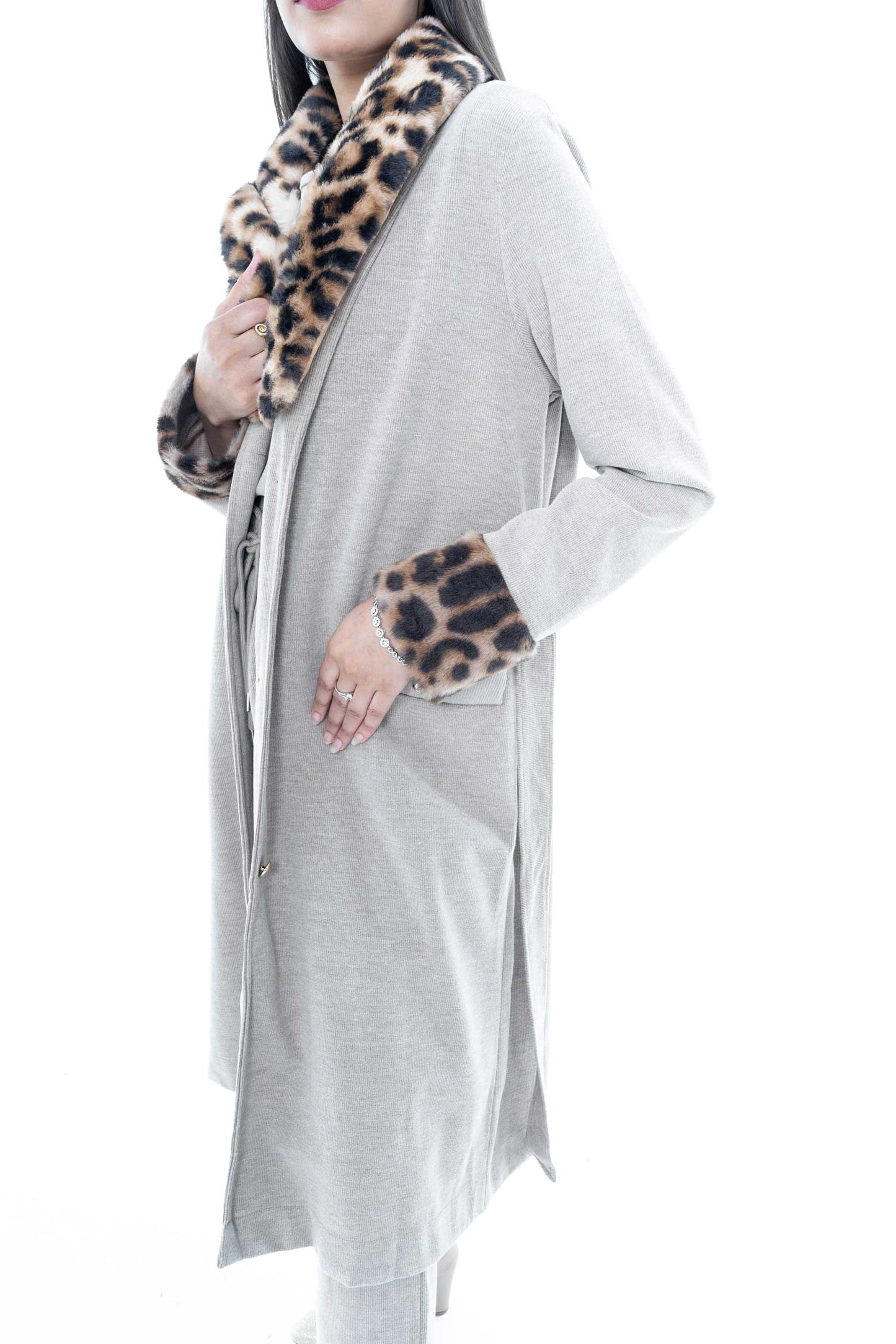 Beige Belted Coat with Leopard Print Collar and Cuffs