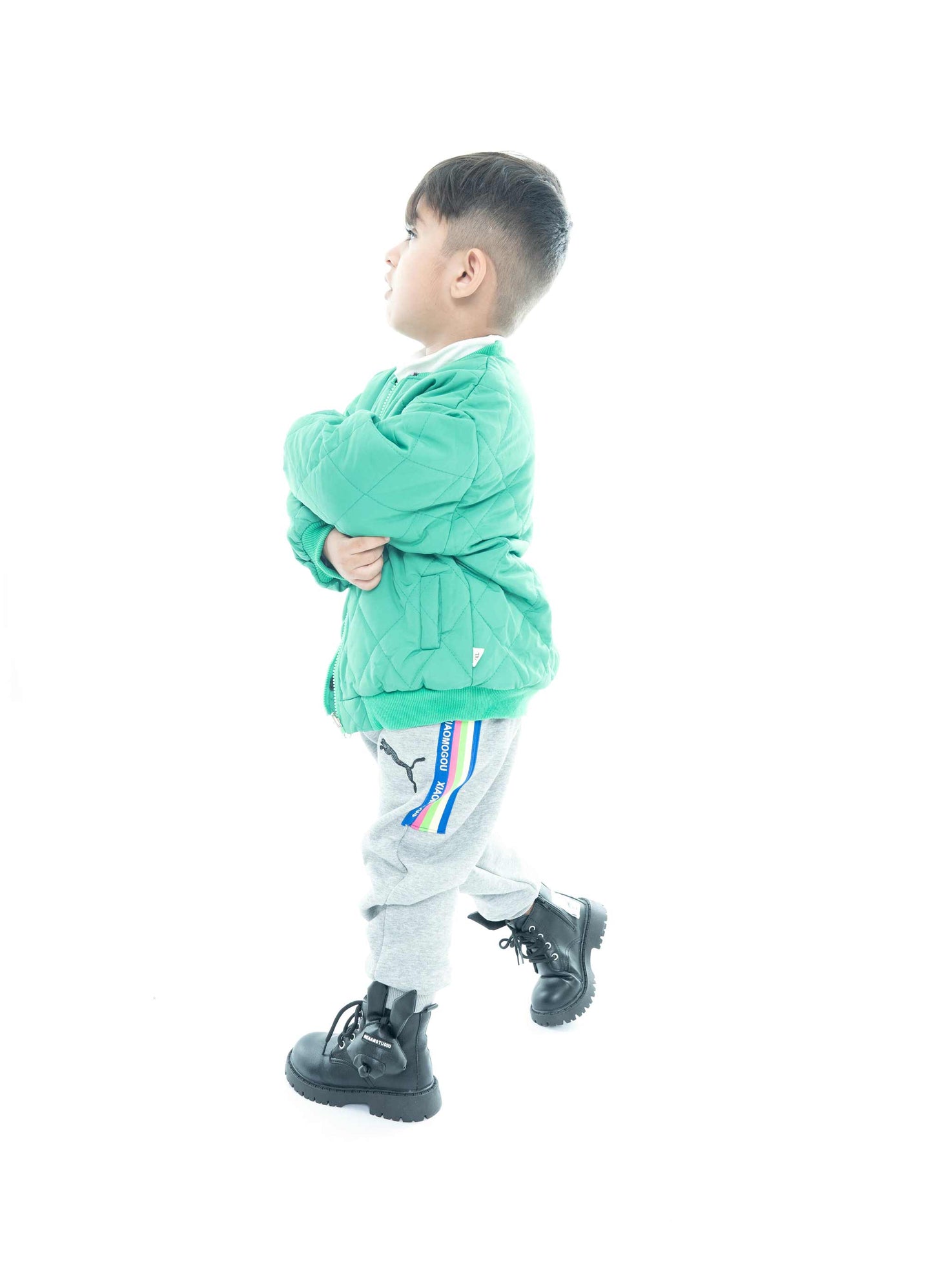 Kids' Green Quilted Jacket with Grey Joggers