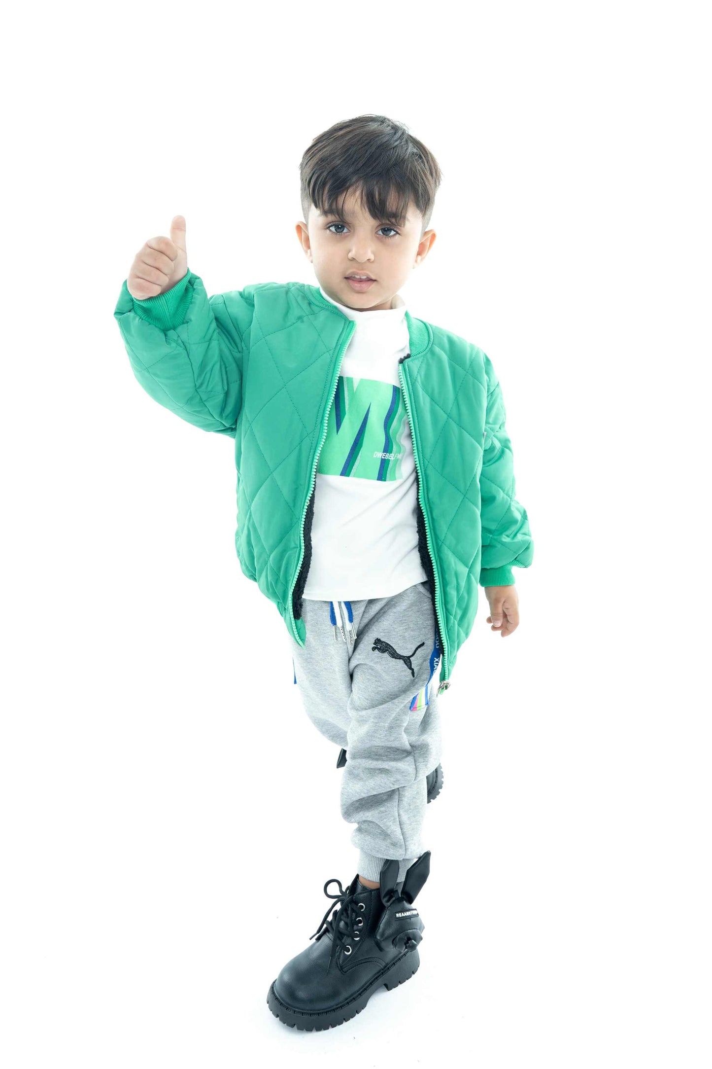 Kids' Green Quilted Jacket with Grey Joggers