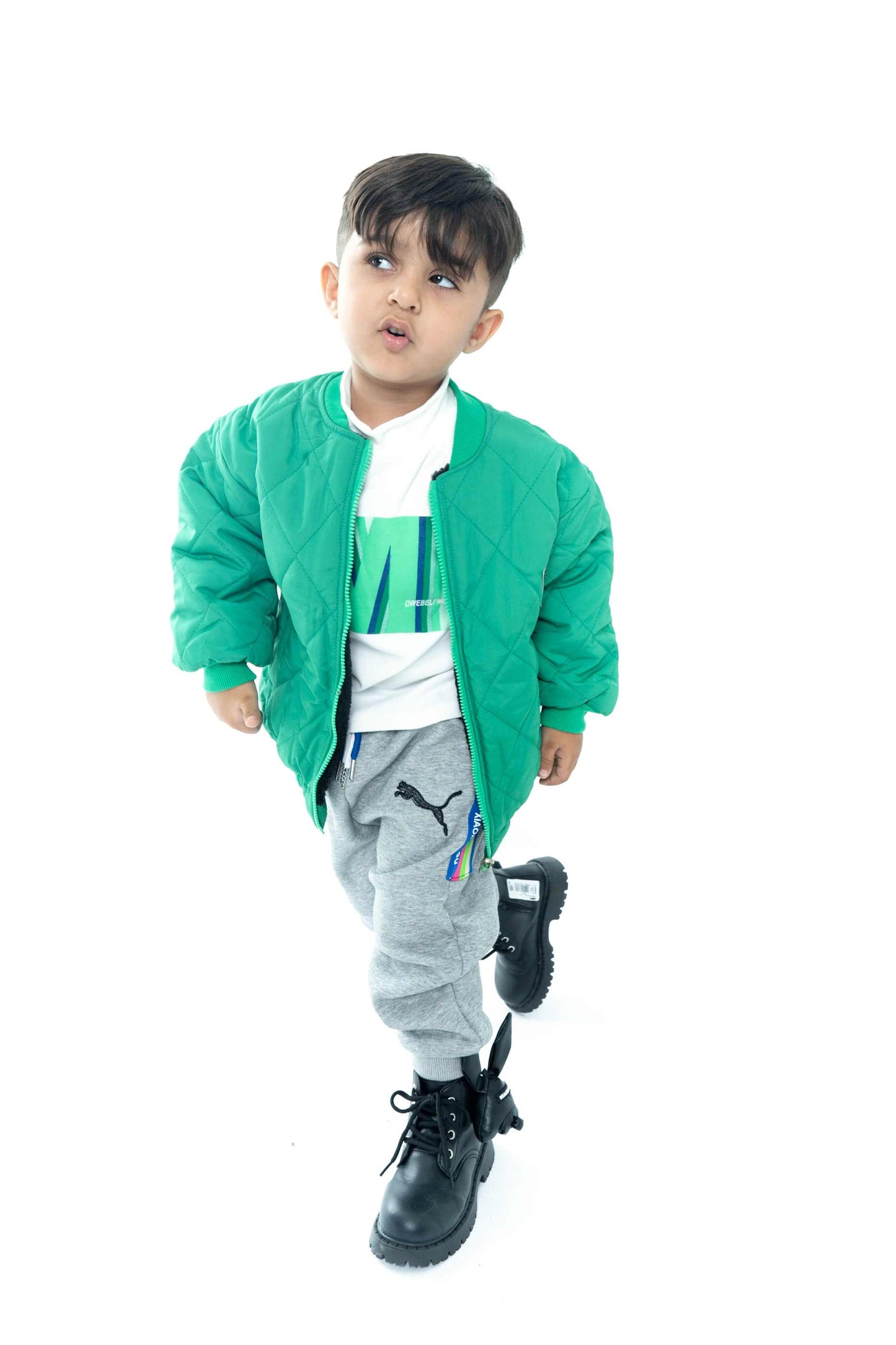 Kids' Green Quilted Jacket with Grey Joggers