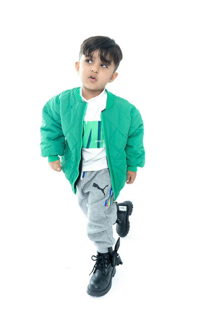 Kids' Green Quilted Jacket with Grey Joggers