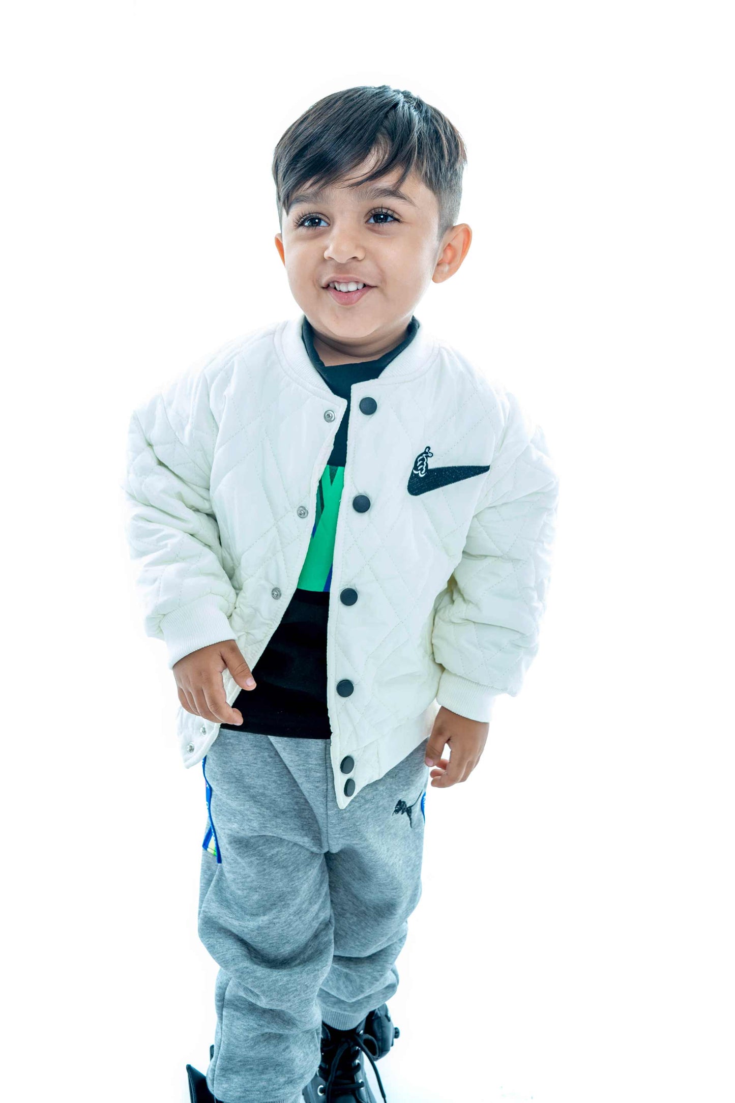 Kids' White Quilted Jacket with Grey Joggers