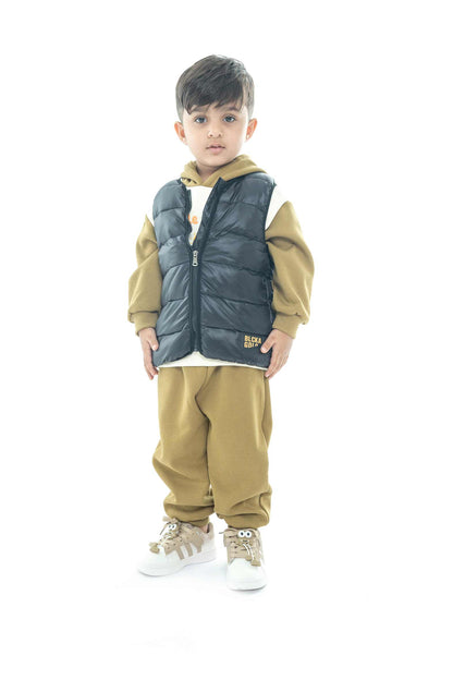 Kids' Olive Hoodie with Black Puffer Vest Set