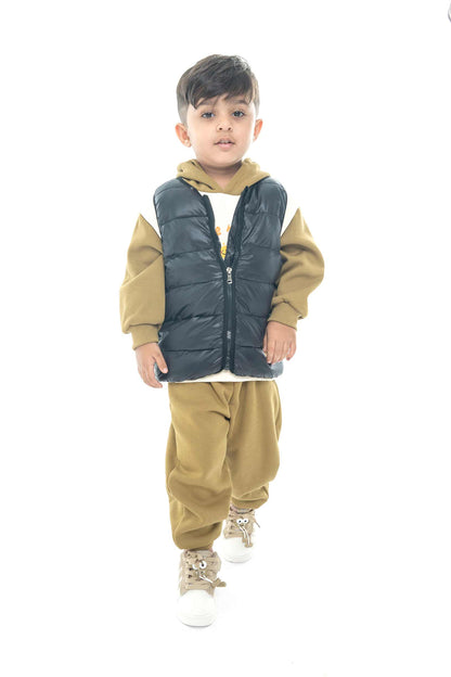 Kids' Olive Hoodie with Black Puffer Vest Set