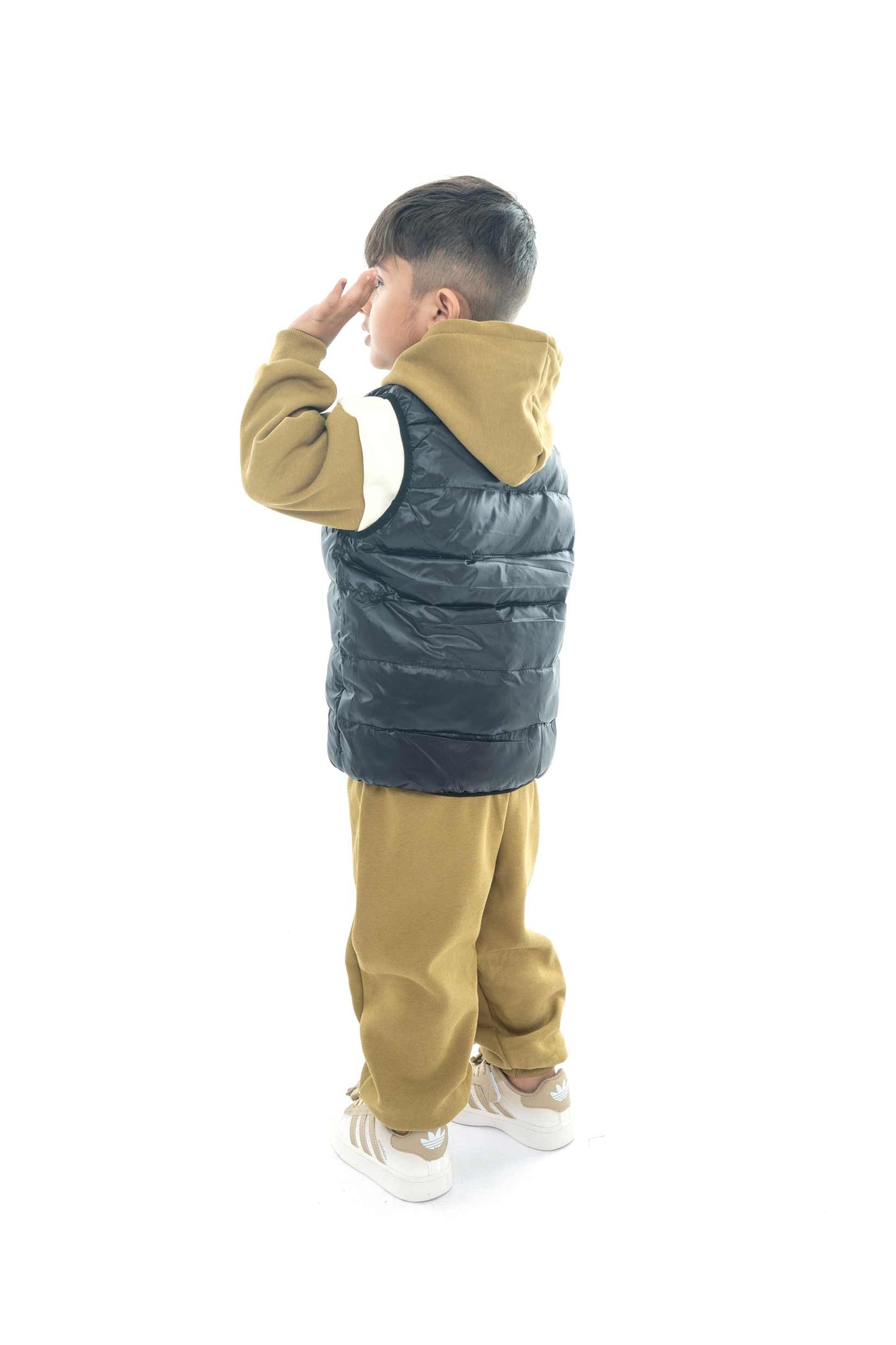 Kids' Olive Hoodie with Black Puffer Vest Set