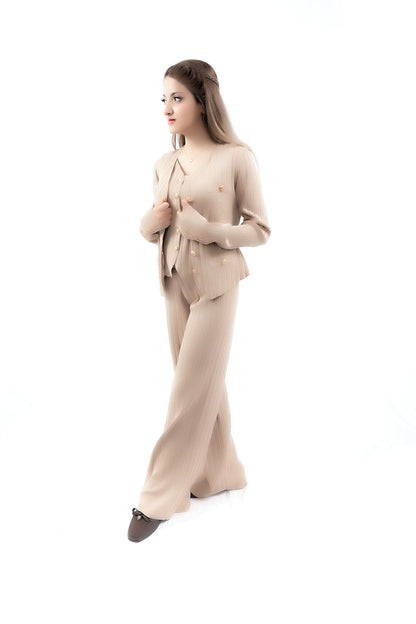 Women's Beige Ribbed Knit Three-Piece Lounge Set