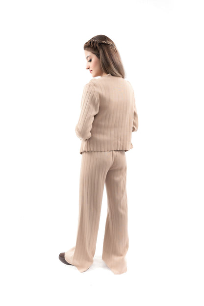 Women's Beige Ribbed Knit Three-Piece Lounge Set