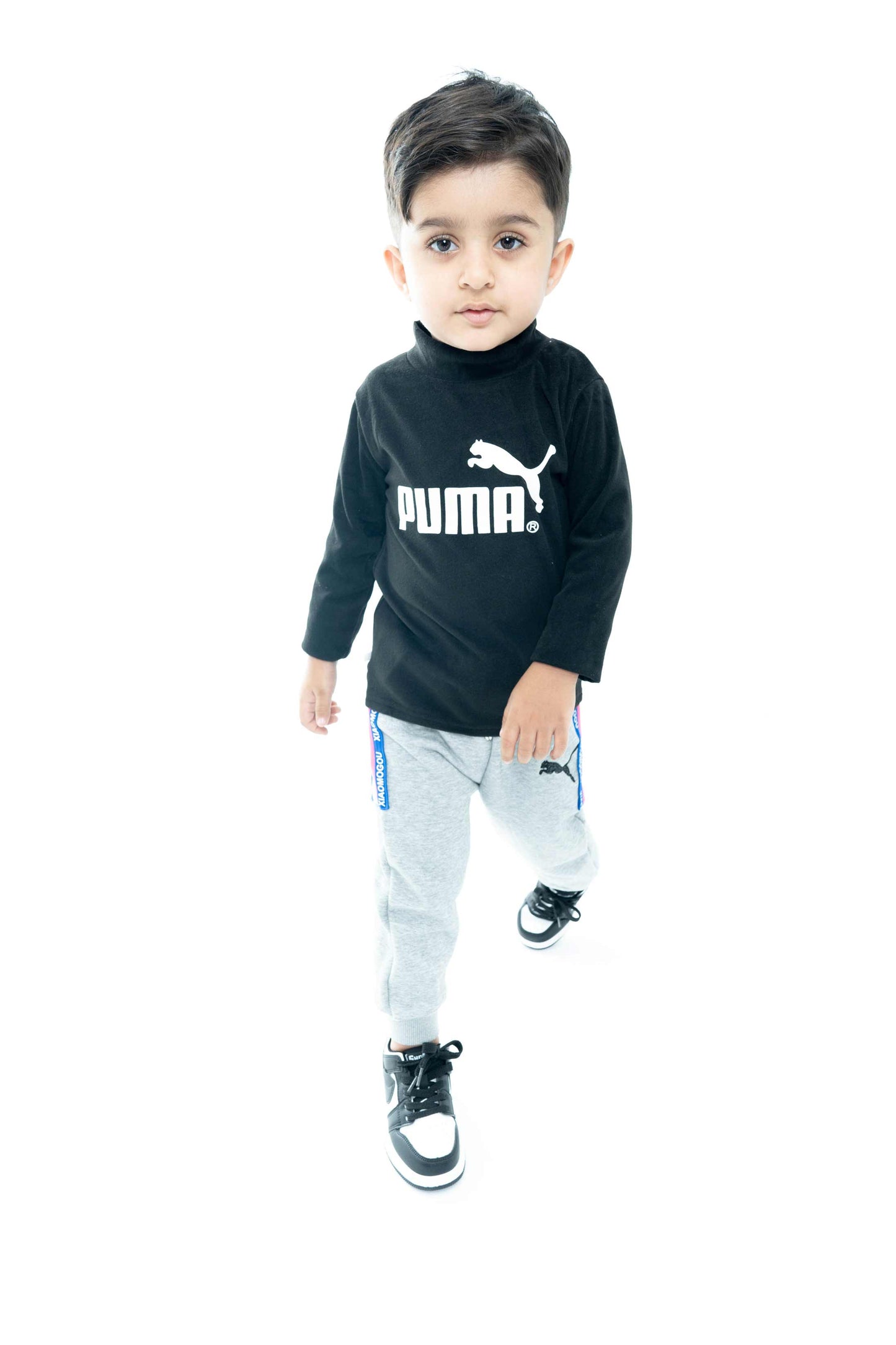 Kids' White Quilted Puma Jacket with Grey Joggers