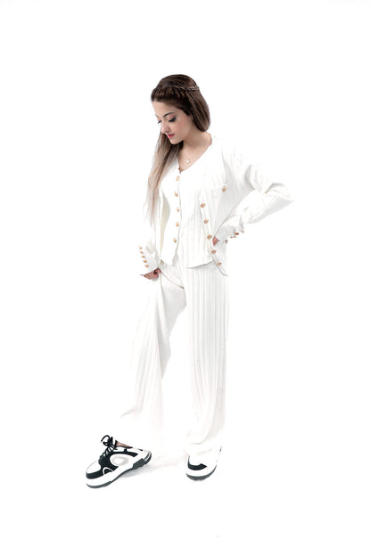 Women's White Ribbed Knit Cardigan, Top, and Pant Set