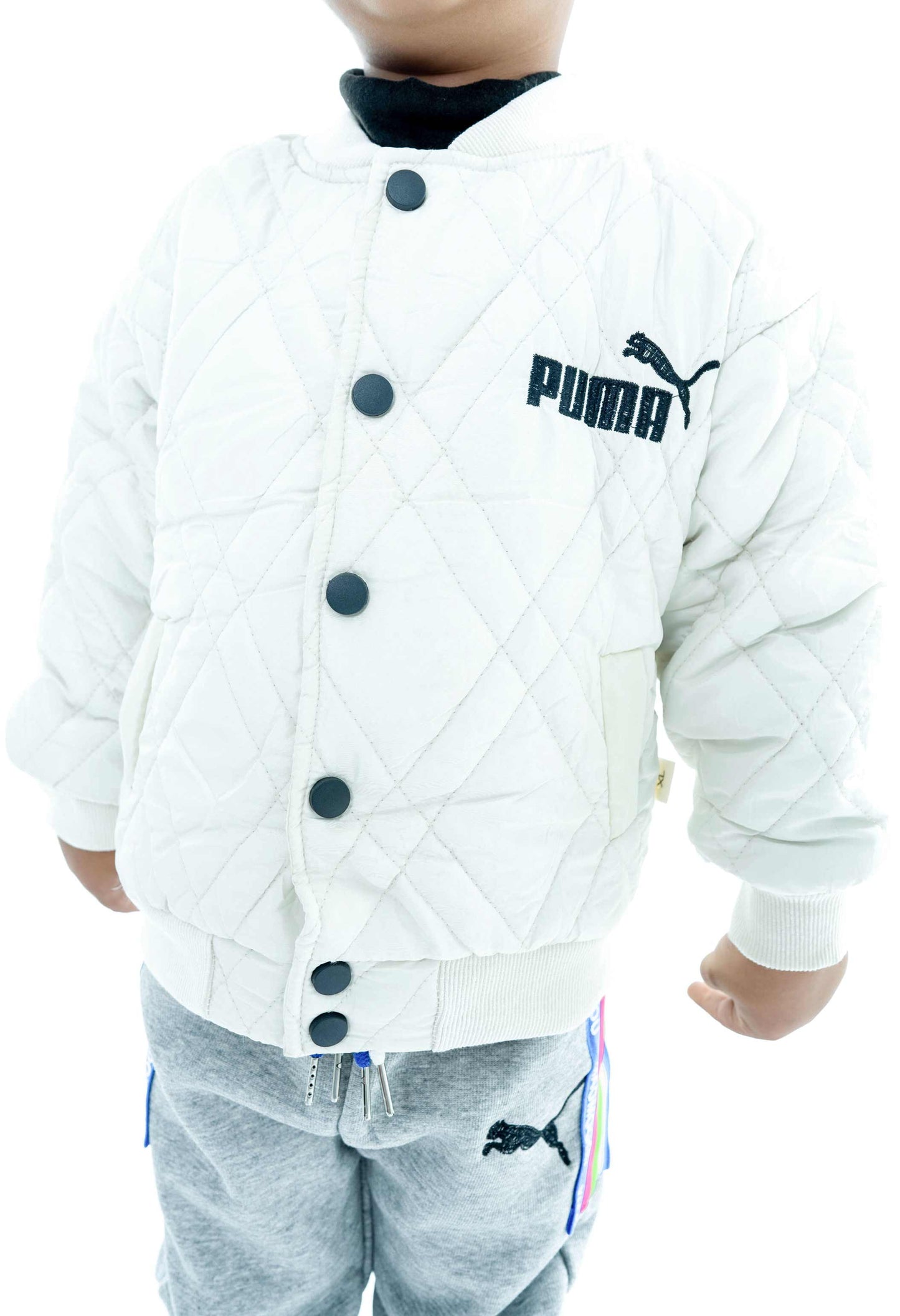 Kids' White Quilted Puma Jacket with Grey Joggers